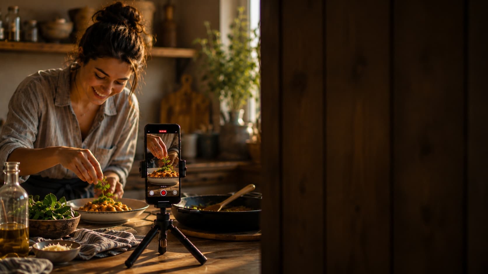 Un créateur filmant un Reel de cuisine avec un téléphone dans une cuisine sombre