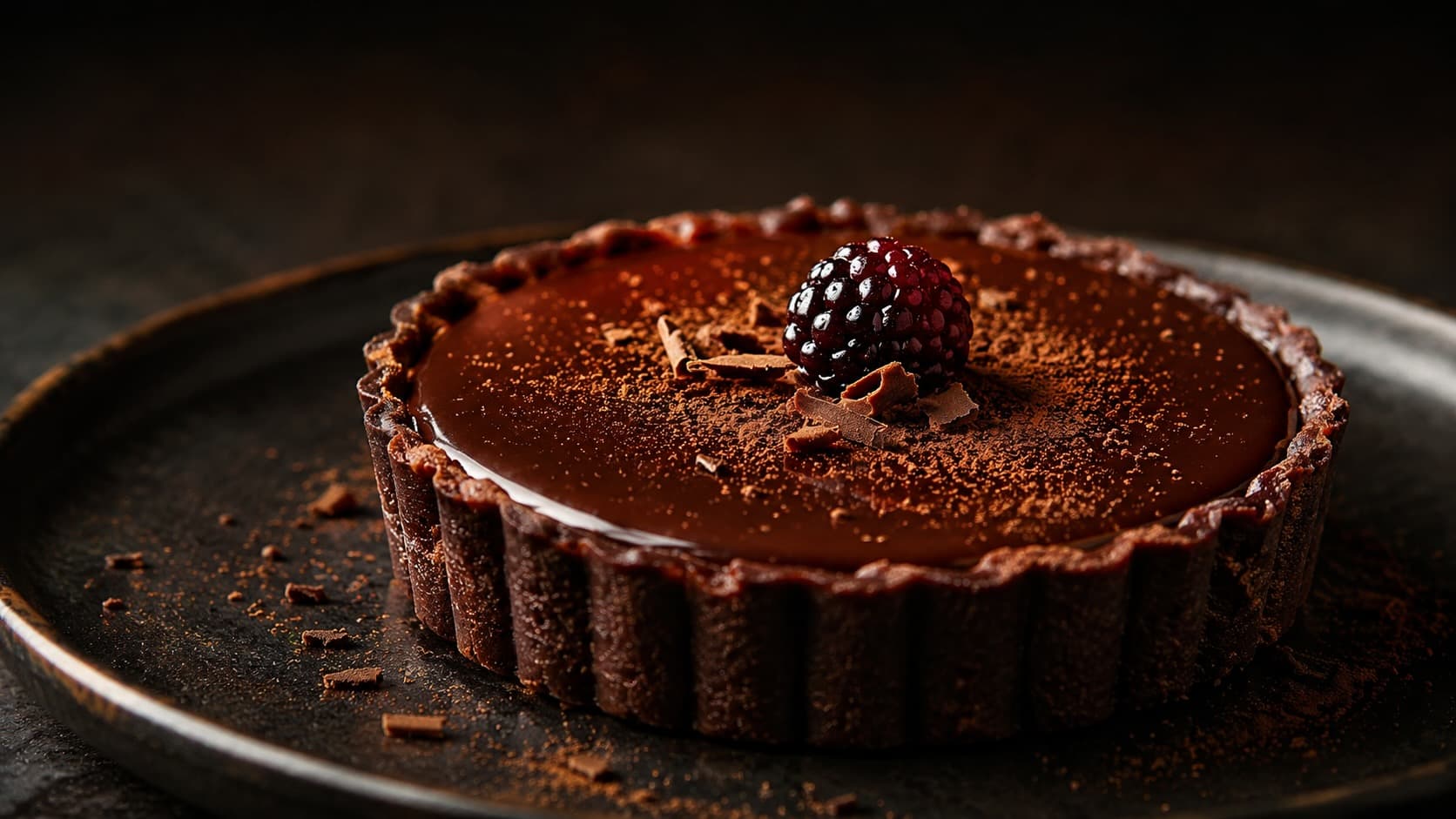 Un dessert glacé sur une assiette sombre sous une lumière chaude